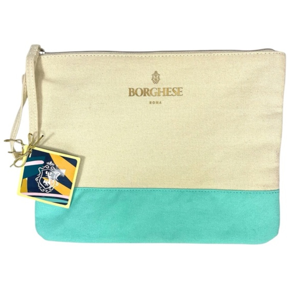 Borghese Roma Cosmetic‎ Travel Bag Canvas Zip Pouch Cream Turquoise 11x9 NWT